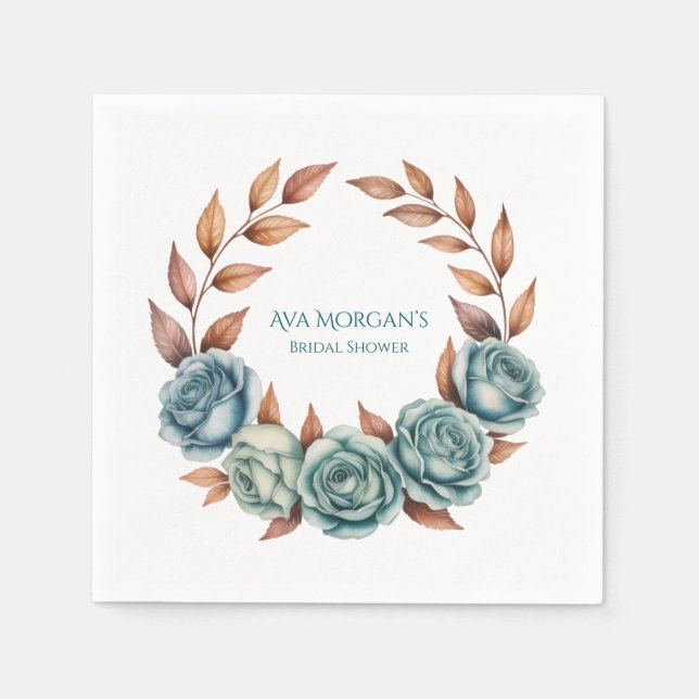 Teal Roses and Copper Leaves Bridal Shower Napkin (Front)