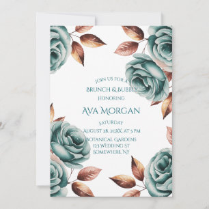 Teal Roses and Copper Leaves Brunch & Bubbly Invitation