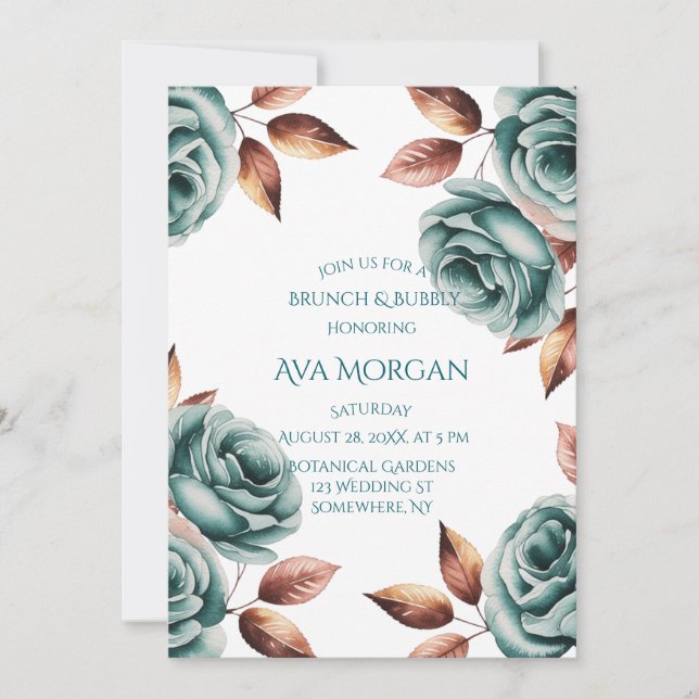 Teal Roses and Copper Leaves Brunch & Bubbly Invitation (Front)