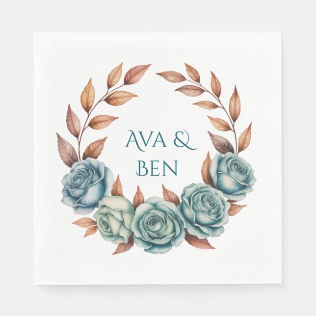 Teal Roses and Copper Leaves Wedding Napkin (Front)