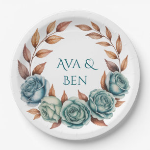 Teal Roses and Copper Leaves Wedding Paper Plate