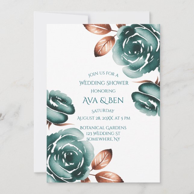 Teal Roses and Copper Leaves Wedding Shower Invitation (Front)