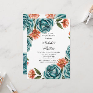 Teal Roses and Orange Floral Couples Shower Invitation