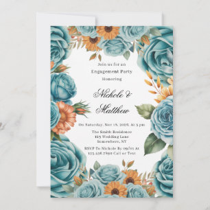 Teal Roses and Orange Floral Engagement Party Invitation