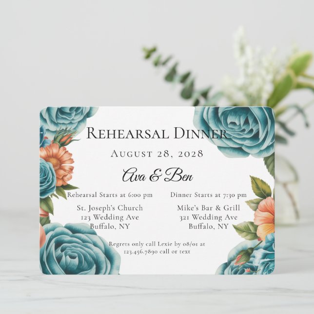 Teal Roses and Orange Floral Rehearsal Dinner Invitation (Standing Front)