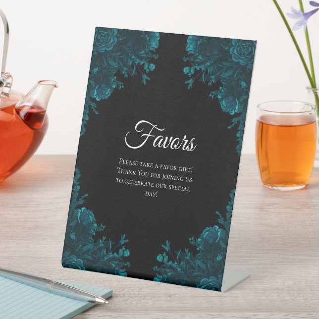 Teal Roses Black Gothic Wedding Favours Sign (In SItu)