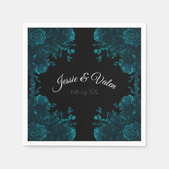 Teal Roses Black Gothic Wedding Napkin (Front)