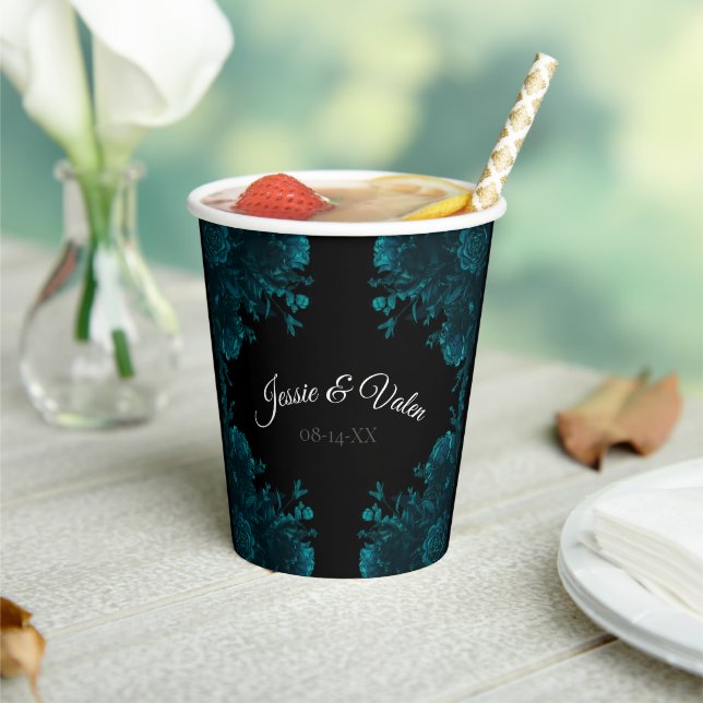 Teal Roses Black Gothic Wedding Paper Cups (Insitu)