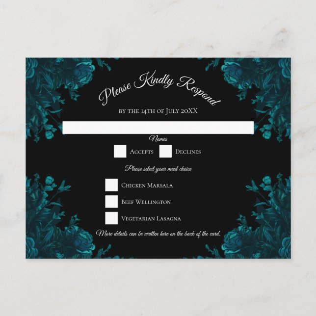 Teal Roses Black Gothic Wedding RSVP Reply Holiday Postcard (Front)