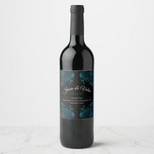 Teal Roses Black Gothic Wedding Wine Label