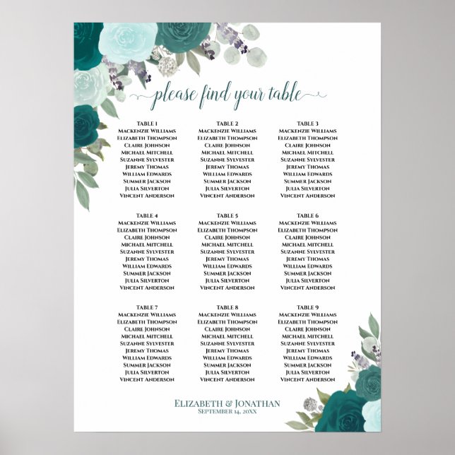 Teal Roses Elegant 9 Table Wedding Seating Chart (Front)