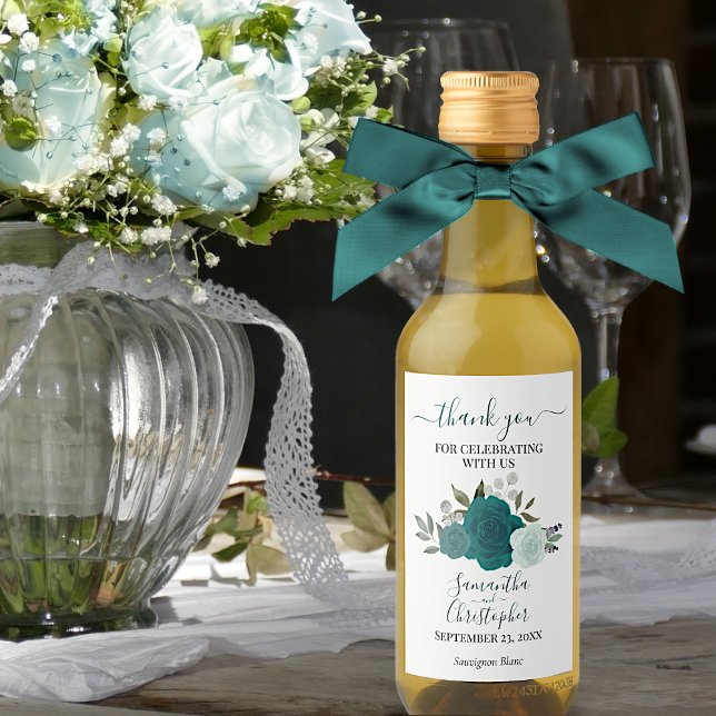 Teal Roses Elegant Boho Wedding Thank You Mini Wine Label (Creator Uploaded)