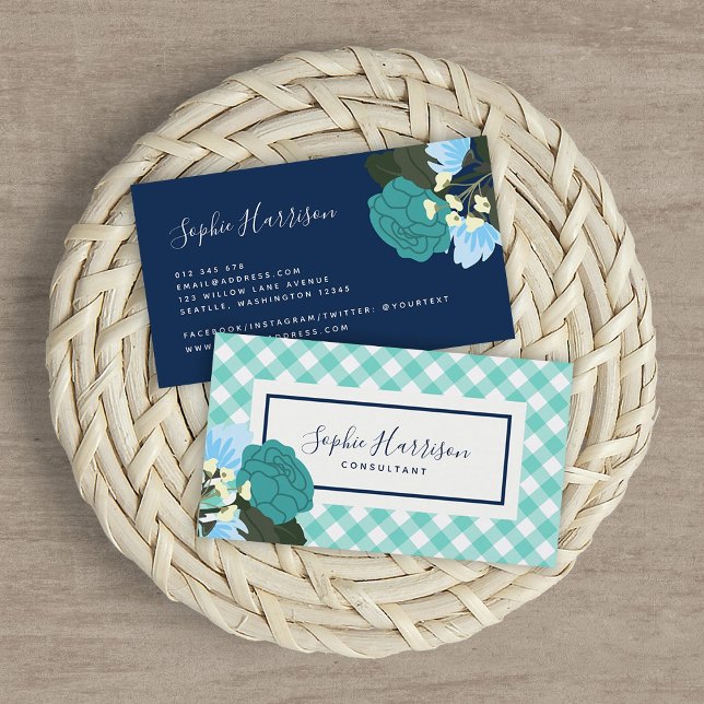 Teal Roses Floral and Mint Gingham Business Card (Creator Uploaded)