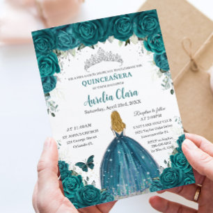 Teal Roses Floral Blonde Princess Quinceanera 16th Invitation