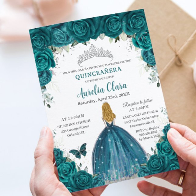Teal Roses Floral Blonde Princess Quinceanera 16th Invitation (Creator Uploaded)