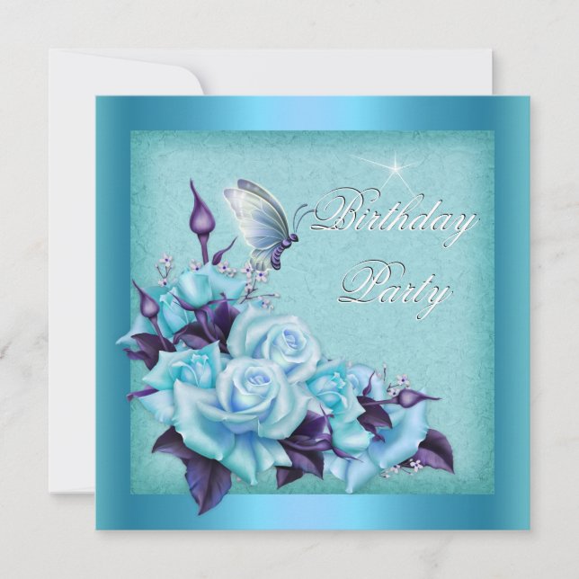 Teal Roses Purple Butterfly Floral Birthday Party Invitation (Front)