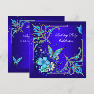 Teal Royal Blue Butterfly Birthday Party Invitation