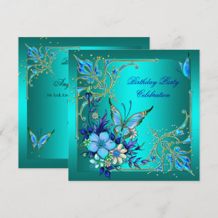 Teal Royal Blue Butterfly Birthday Party Invitation