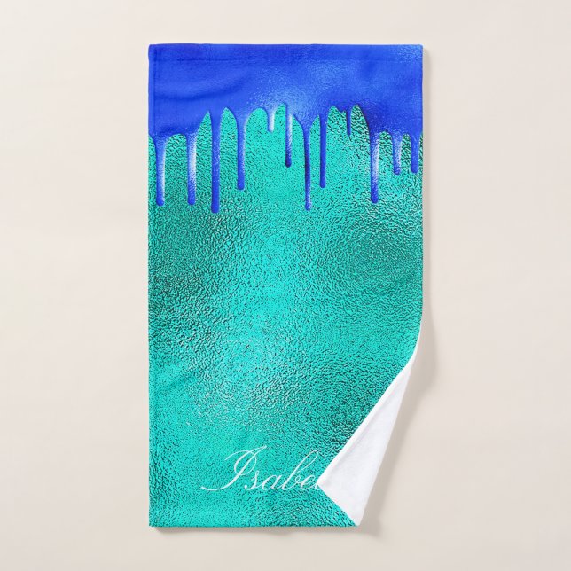 Teal royal blue green drips name  bath towel set (Hand Towel)