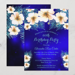 Teal Royal Blue Tropical floral Birthday Party Invitation