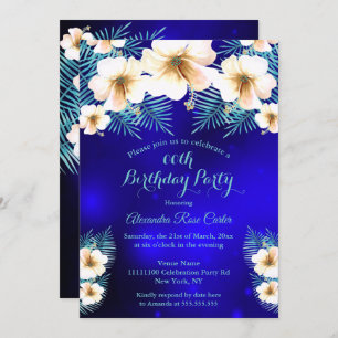 Teal Royal Blue Tropical floral Birthday Party Invitation