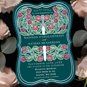 Teal Royal Mediaeval Floral Silver Sword Wedding Invitation