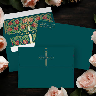 Teal Royal Mediaeval Gold Floral Sword Wedding Envelope