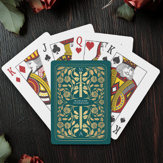 Teal Royal Mediaeval Gold Sword Monogram Playing Cards