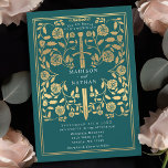 Teal Royal Mediaeval Gold Sword Wedding Invitation<br><div class="desc">Set the tone for your mediaeval fantasy wedding with a bold invitation design—a grand gold sword surrounded by florals against a teal background. Perfect for couples dreaming of an epic, romantic celebration. Make your love story legendary from the very first glance! NOTE: the gold featured in this design is NOT...</div>