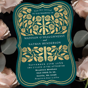 Teal Royal Mediaeval Gold Sword Wedding Invitation