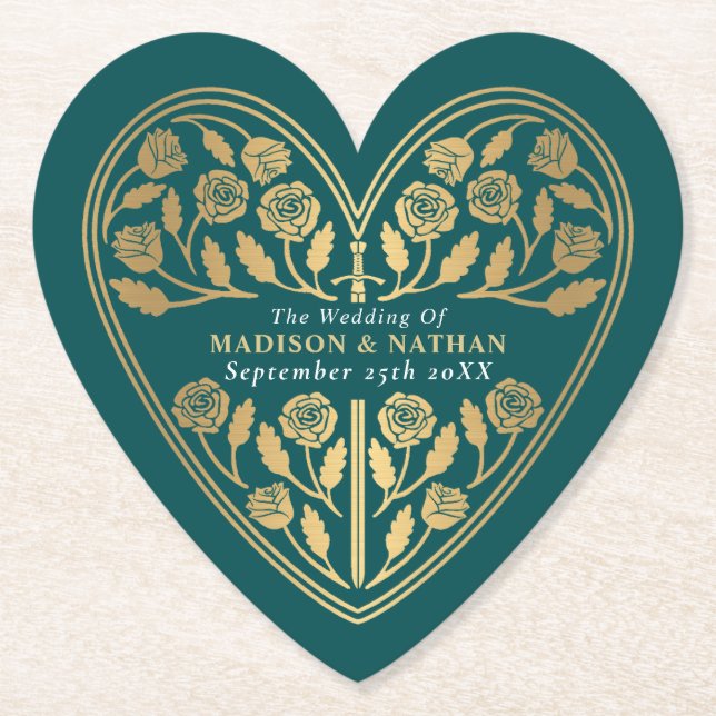 Teal Royal Mediaeval Gold Sword Wedding Paper Coaster (Front)