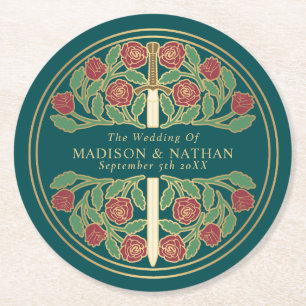 Teal Royal Mediaeval Gold Sword Wedding Round Paper Coaster