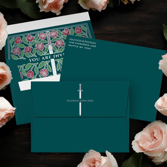 Teal Royal Mediaeval Silver Floral Sword Wedding Envelope (Creator Uploaded)