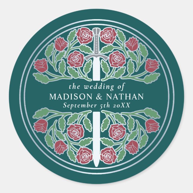 Teal Royal Mediaeval Silver Sword Wedding  Classic Round Sticker (Front)