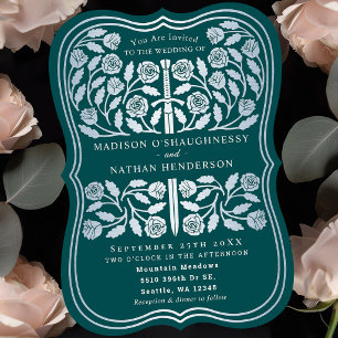 Teal Royal Mediaeval Silver Sword Wedding Invitation