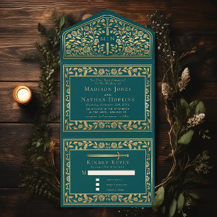 Teal Royal Mediaeval Sword Wedding All In One Invitation