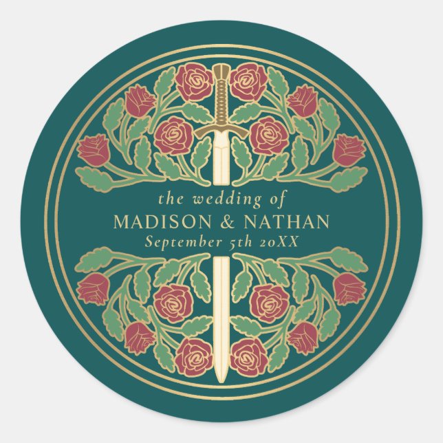 Teal Royal Mediaeval Sword Wedding  Classic Round Sticker (Front)