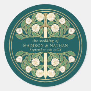 Teal Royal Mediaeval White Floral Sword Wedding Classic Round Sticker