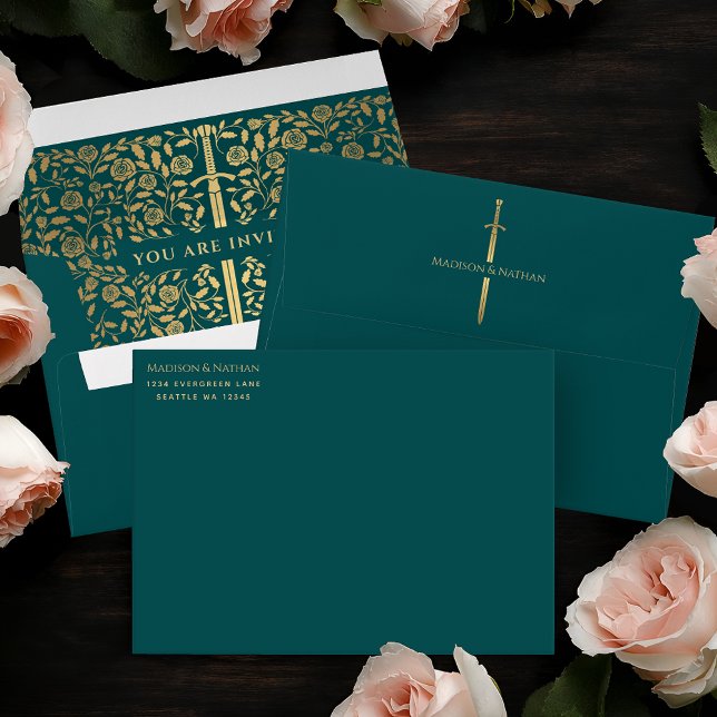 Teal Royal Medieval Gold Sword Wedding Envelope (Creator Uploaded)