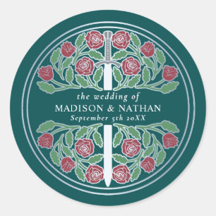 Teal Royal Medieval Silver Sword Wedding  Classic Round Sticker