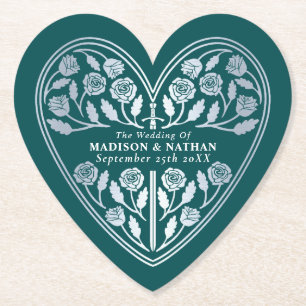 Teal Royal Medieval Silver Sword Wedding Paper Coaster