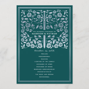 Teal Royal Medieval Silver Sword Wedding Program Programme