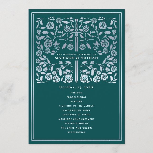 Teal Royal Medieval Silver Sword Wedding Program Programme (Front)