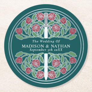 Teal Royal Medieval Silver Sword Wedding Round Paper Coaster
