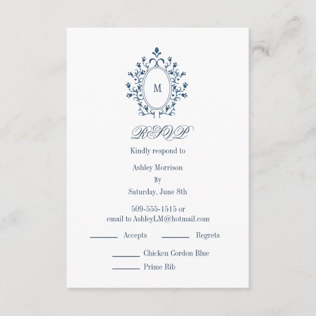 teal RSVP card Monogram With 2 Entree Choice (Front)