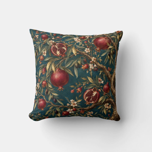 Teal Ruby Pomegranate Orchard Cushion (Front)