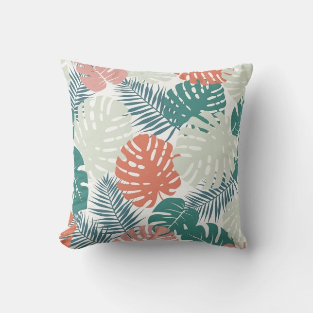 Teal Russet Palm Leaf Pattern Tropical Cushion (Front)