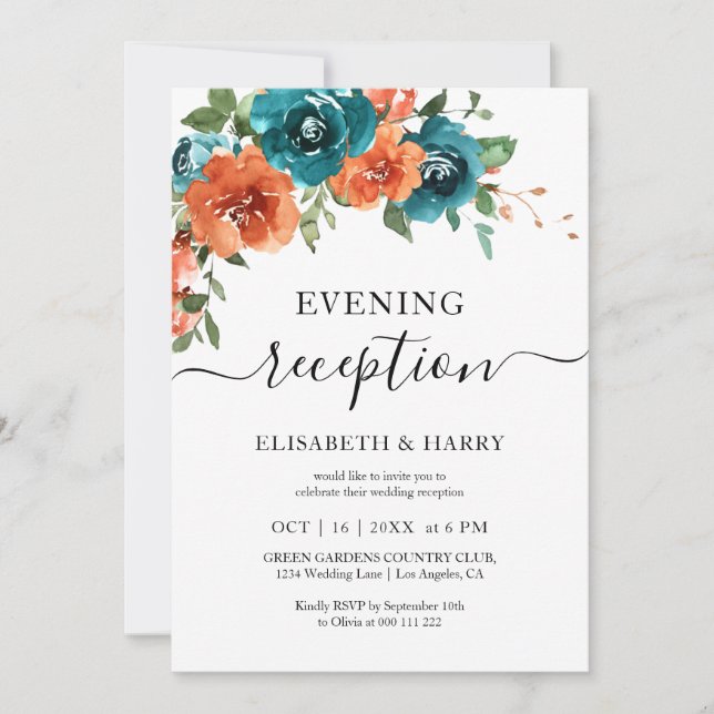Teal Rust Burnt Orange Floral Fall Wedding  Invitation (Front)