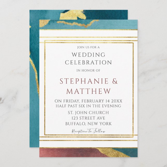 Teal Rust Copper Agate Gold Geometric Wedding Invitation (Front/Back)