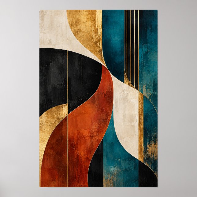 Teal Rust Gold Interlocking Curves Abstract Wall A Poster (Front)